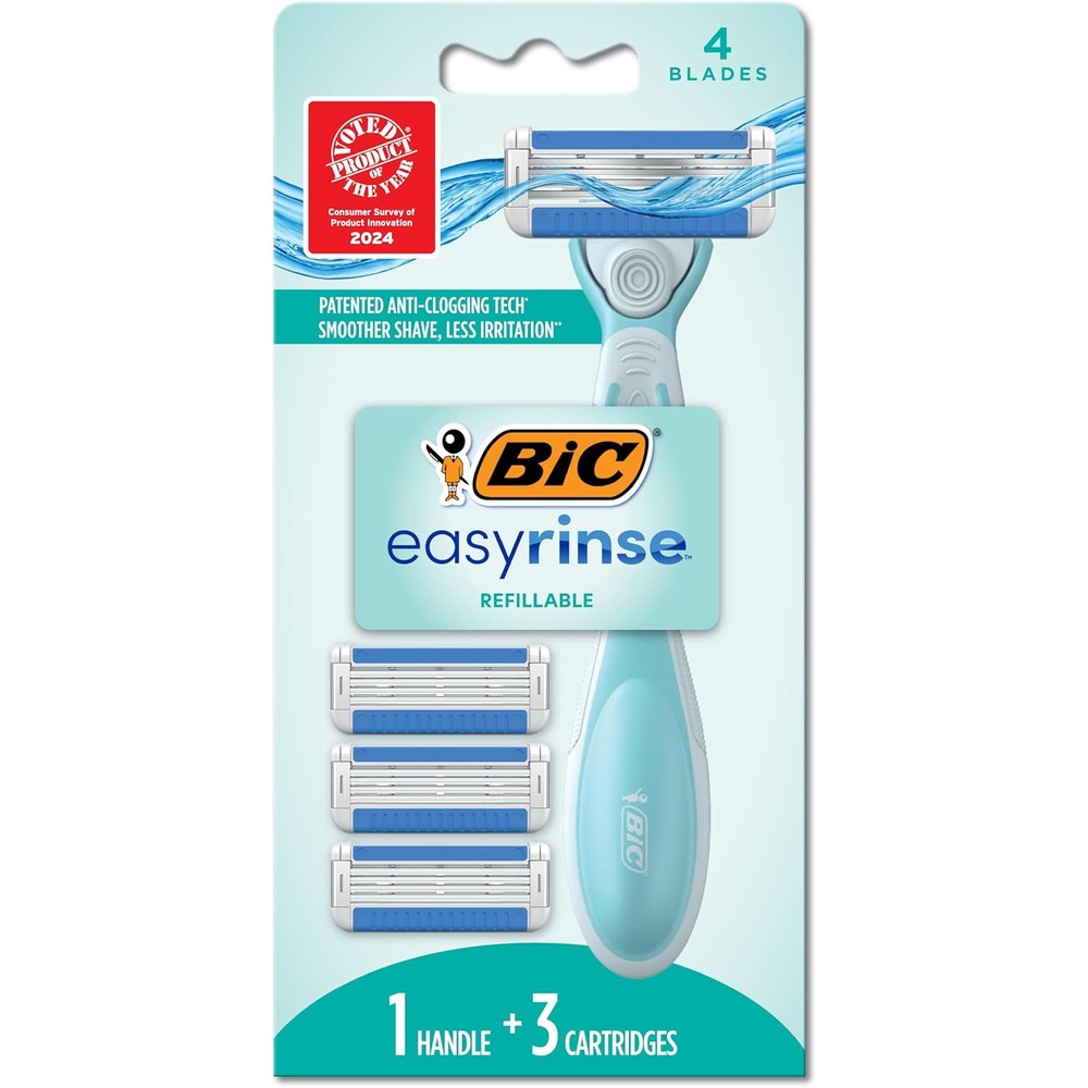 BIC EasyRinse anti clogging refillable womens razor kit front view package packaging for smooth skin hair removal