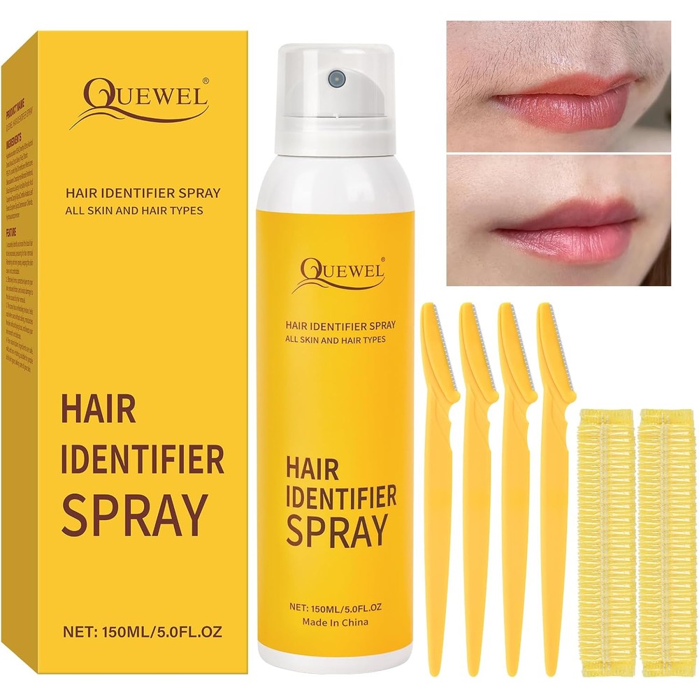 Quewel Hair Identifier Spray for Face Shaving front view bottle packaging with dermaplaning razors.