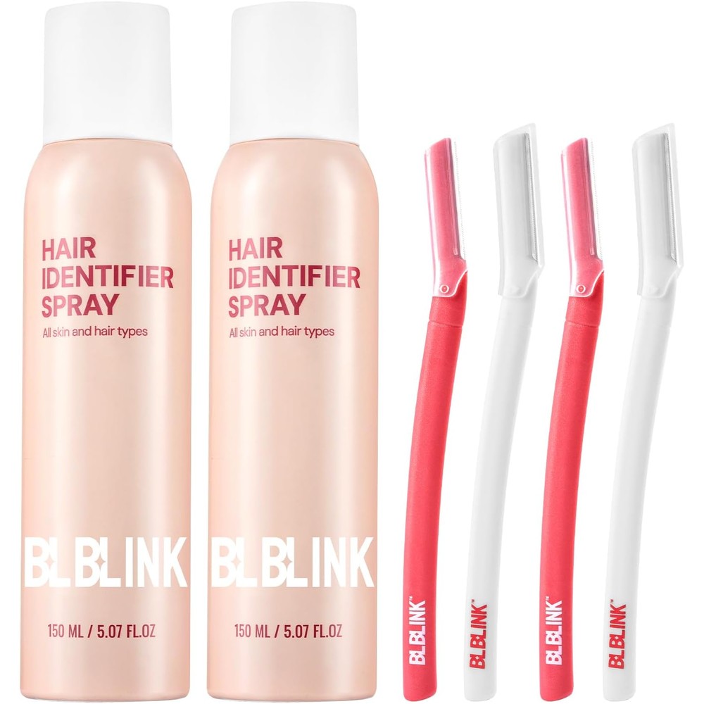 BLBLINK Hair Identifier Spray front view of two pack box with dual spray cans and razors