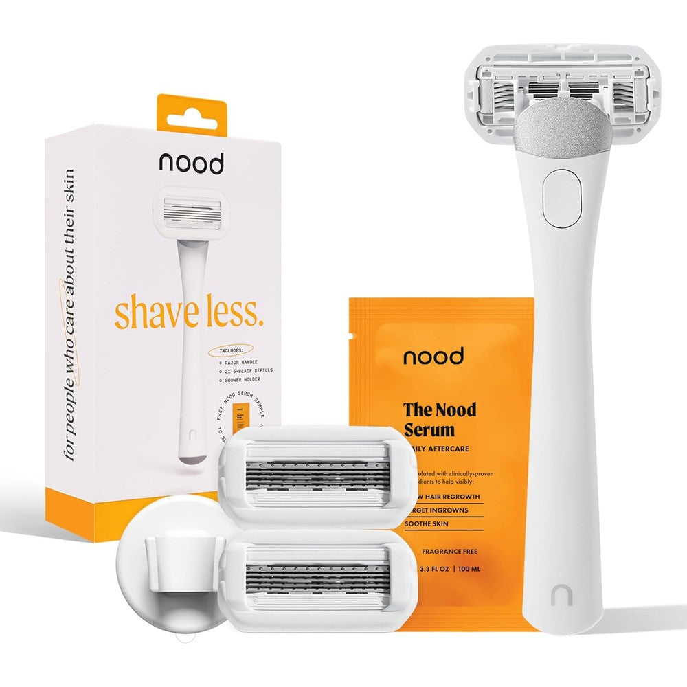 Nood Shaving Starter Kit authentic premium stainless steel handle with two blade cartridges and white shower holder front view