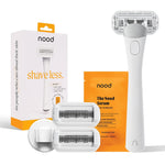 Nood Shaving Starter Kit authentic premium stainless steel handle with two blade cartridges and white shower holder front view