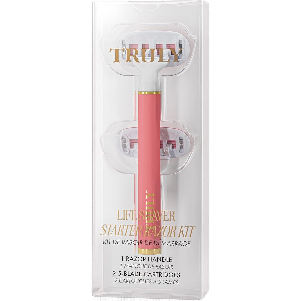 Truly Beauty Life Shaver Starter Razor front view showing pink handle and five blade cartridge