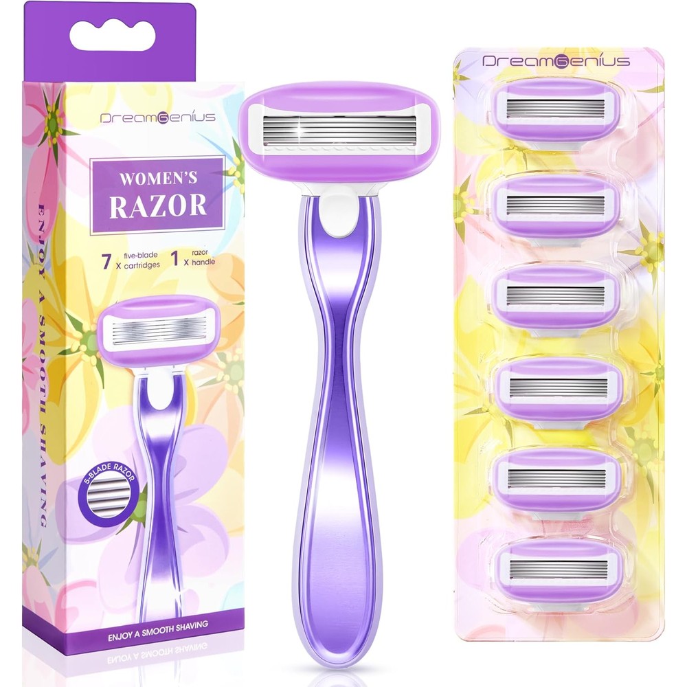 DreamGenius women five blade razor kit front view package showing purple handle and replacement cartridges