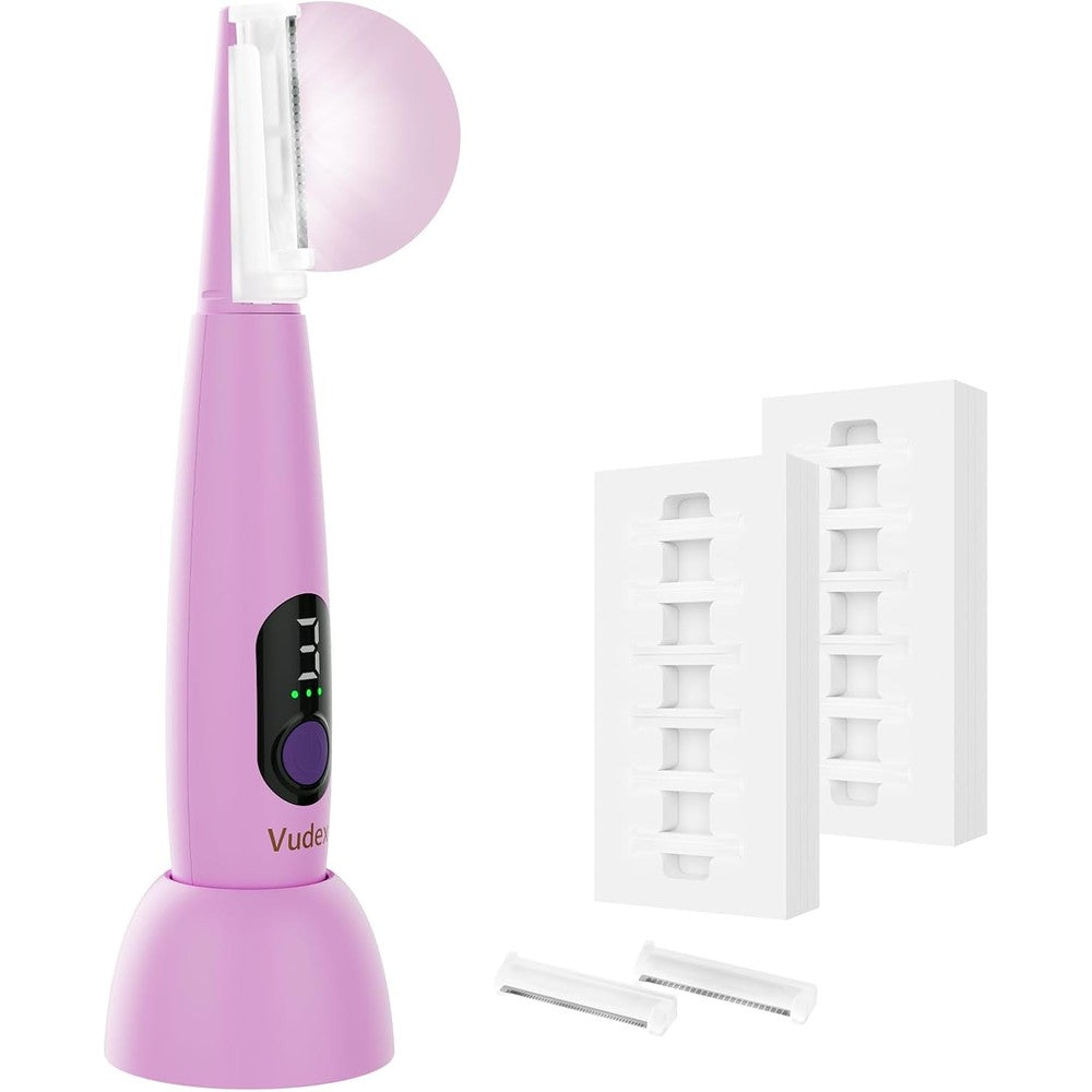 Michael Todd Sonic Smooth dermaplane razor front view showing the lavender handle and digital speed display.