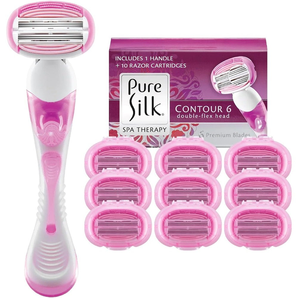 Pure Silk Contour 6 womens shaving kit front view showcasing reusable handle and packaging