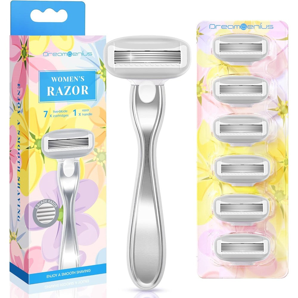 DreamGenius womens razor front view showing the sleek matte silver handle and a five blade refill attached.