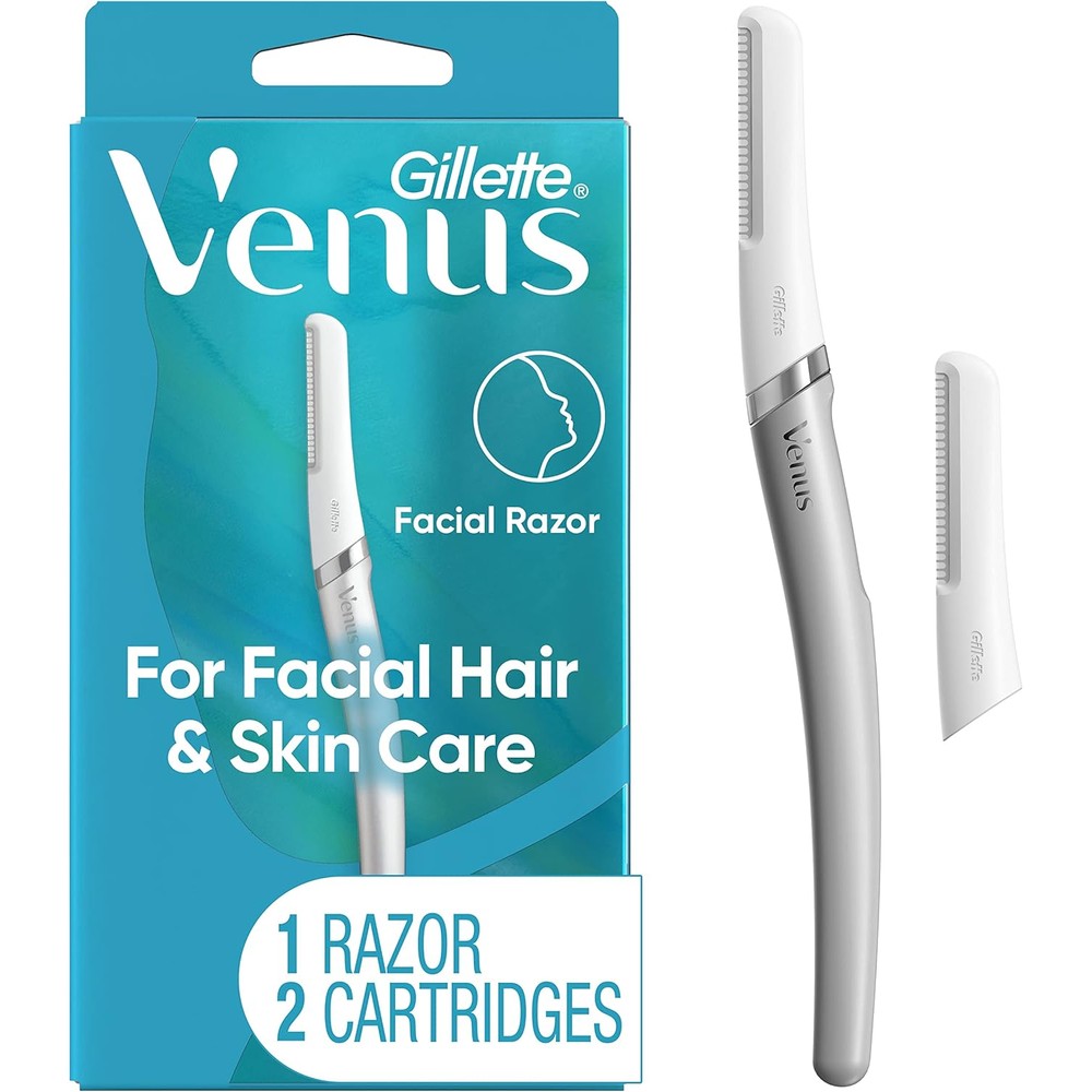 Gillette Venus Dermaplaning Tool starter kit featuring the premium handle and replacement blade refills in front view packaging.