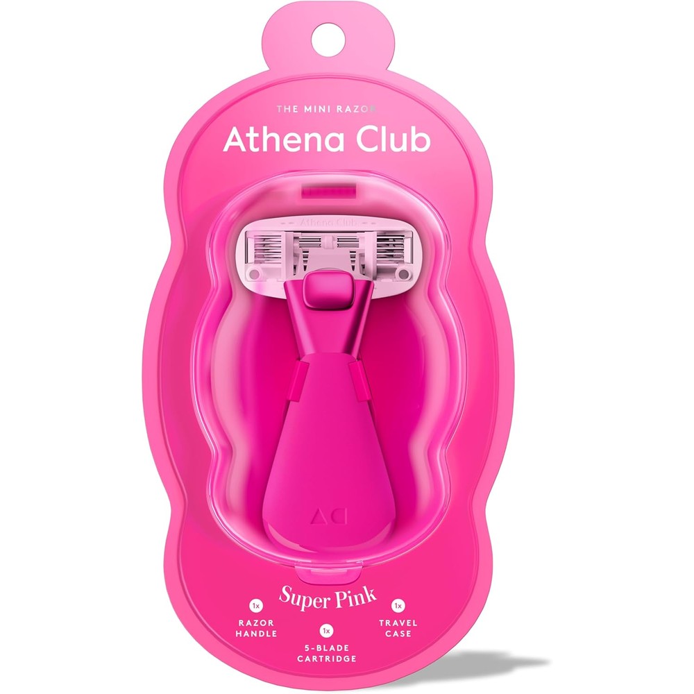 Athena Club Mini Razor Kit front view showing the Super Pink compact handle and five blade cartridge.