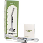 Leaf Shave Leaf Dermaplaner Kit in Chrome front view showing reusable metal facial razor standing vertically in its matching stand