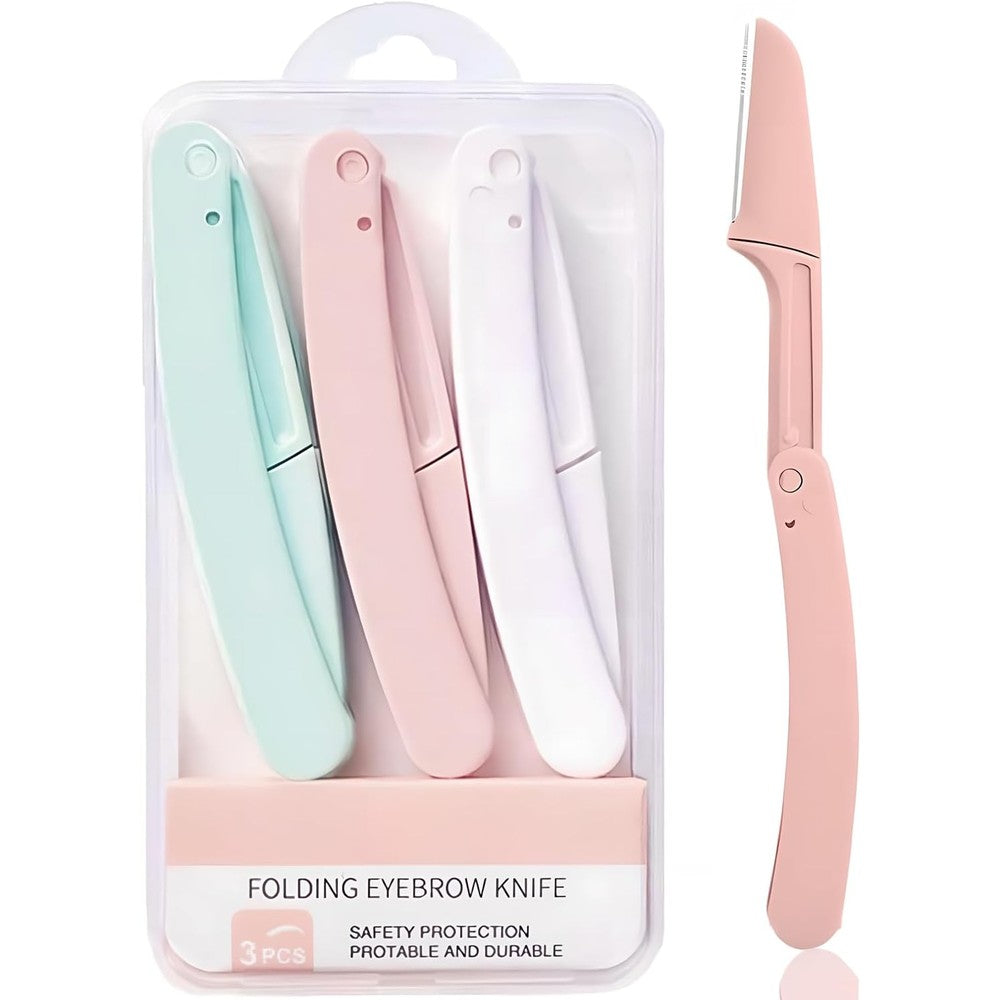 Tiankohelan Dermaplaning Tool Kit front view showing three foldable face razors for women facial hair removal.