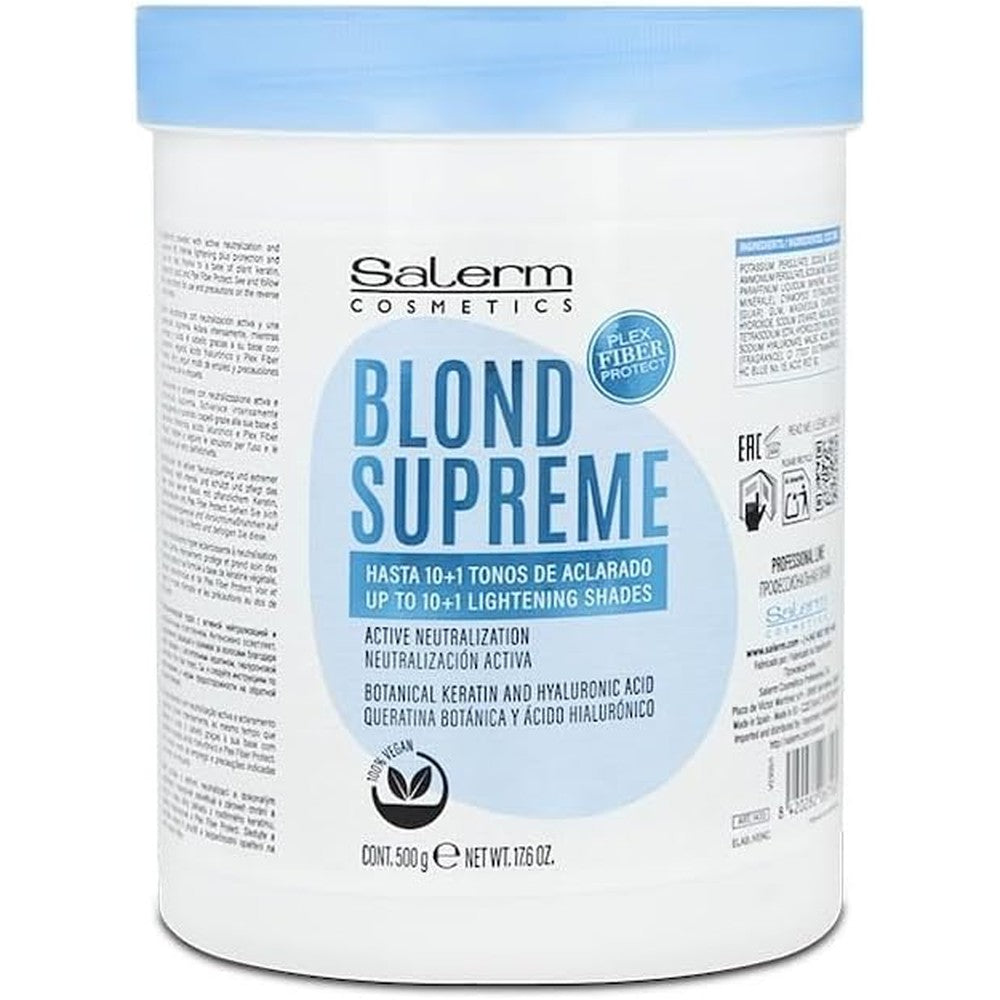 Salerm Cosmetics Blond Supreme Bleach Powder 500g jar front view professional salon hair lightener