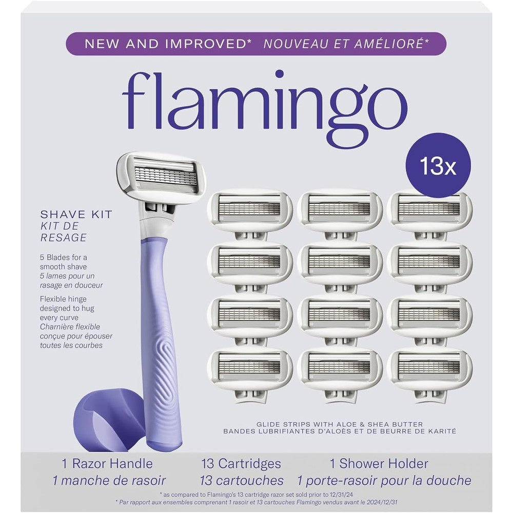 Flamingo Women's Five-Blade Razor Shave Kit front view showing the lilac handle and thirteen replacement cartridges.