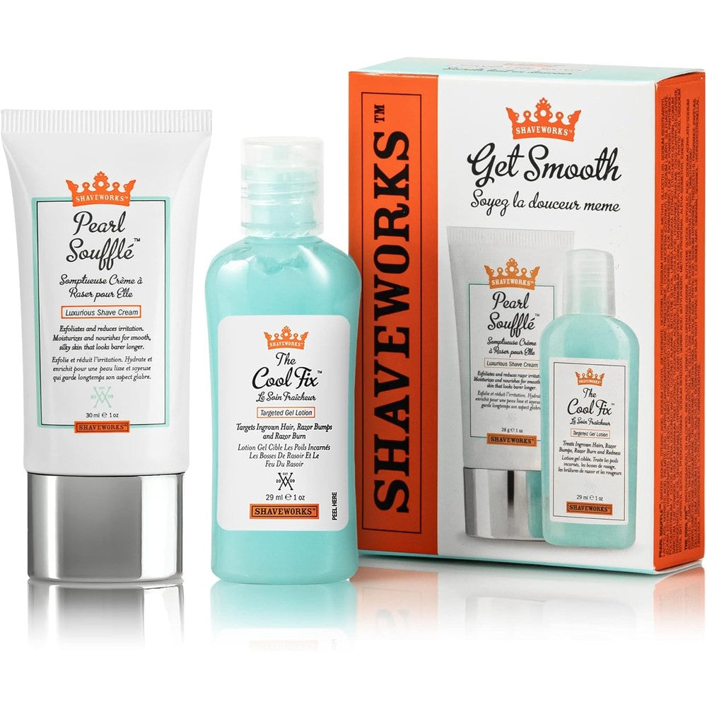 Shaveworks Get Smooth Duo front view showing the starter kit packaging