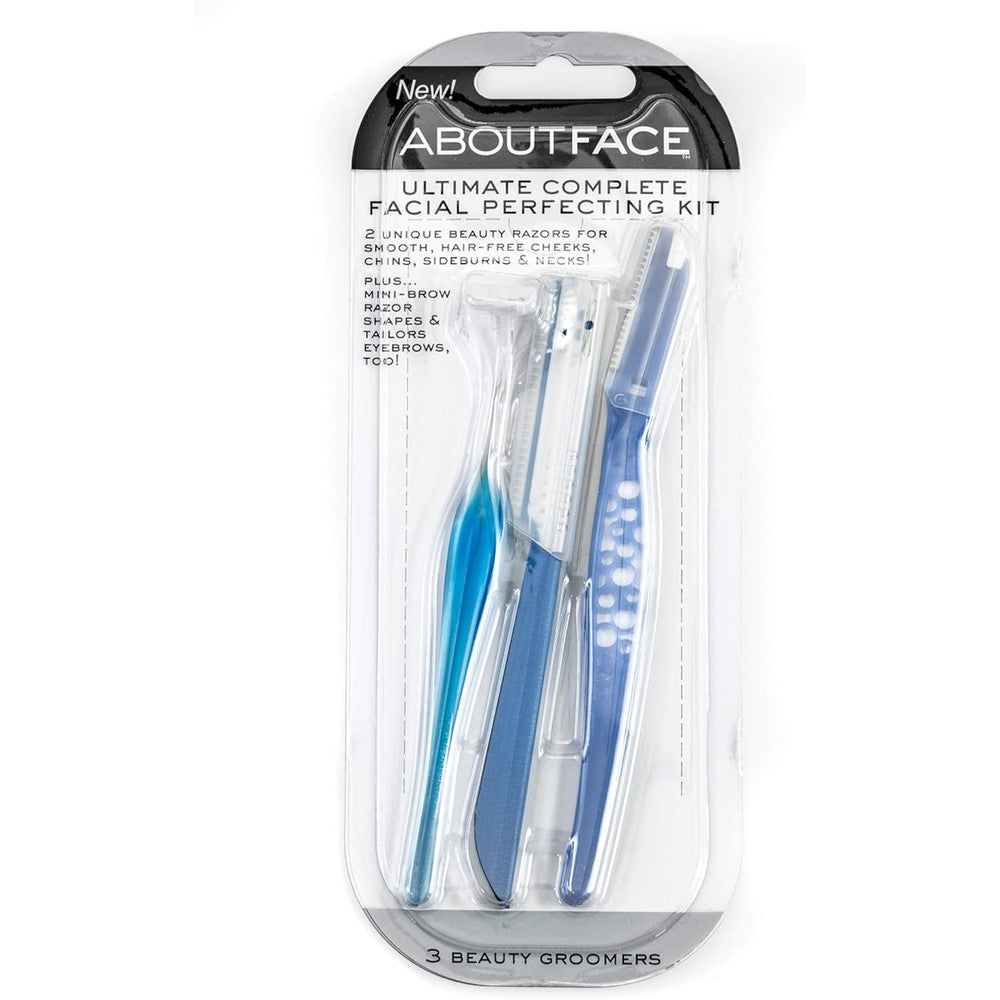 About Face Ultimate Complete Facial Perfecting Kit front view showcasing the packaging and three distinct beauty groomers