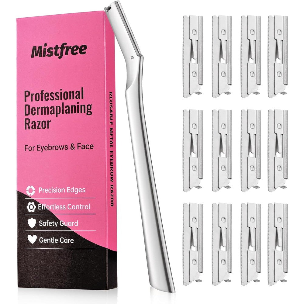 Mistfree professional metal dermaplaning tool front view highlighting the reusable zinc alloy handle.