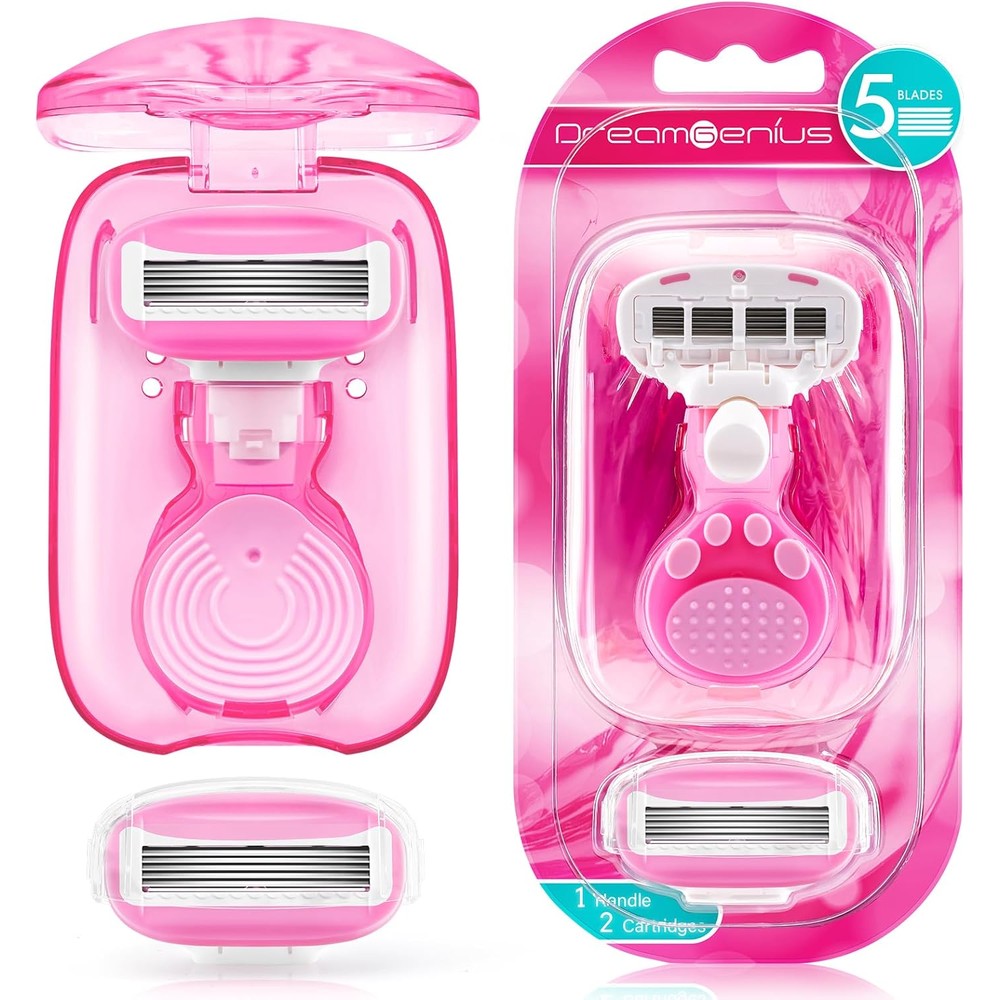 DreamGenius travel razors for women front view showing pink cat paw handle and case