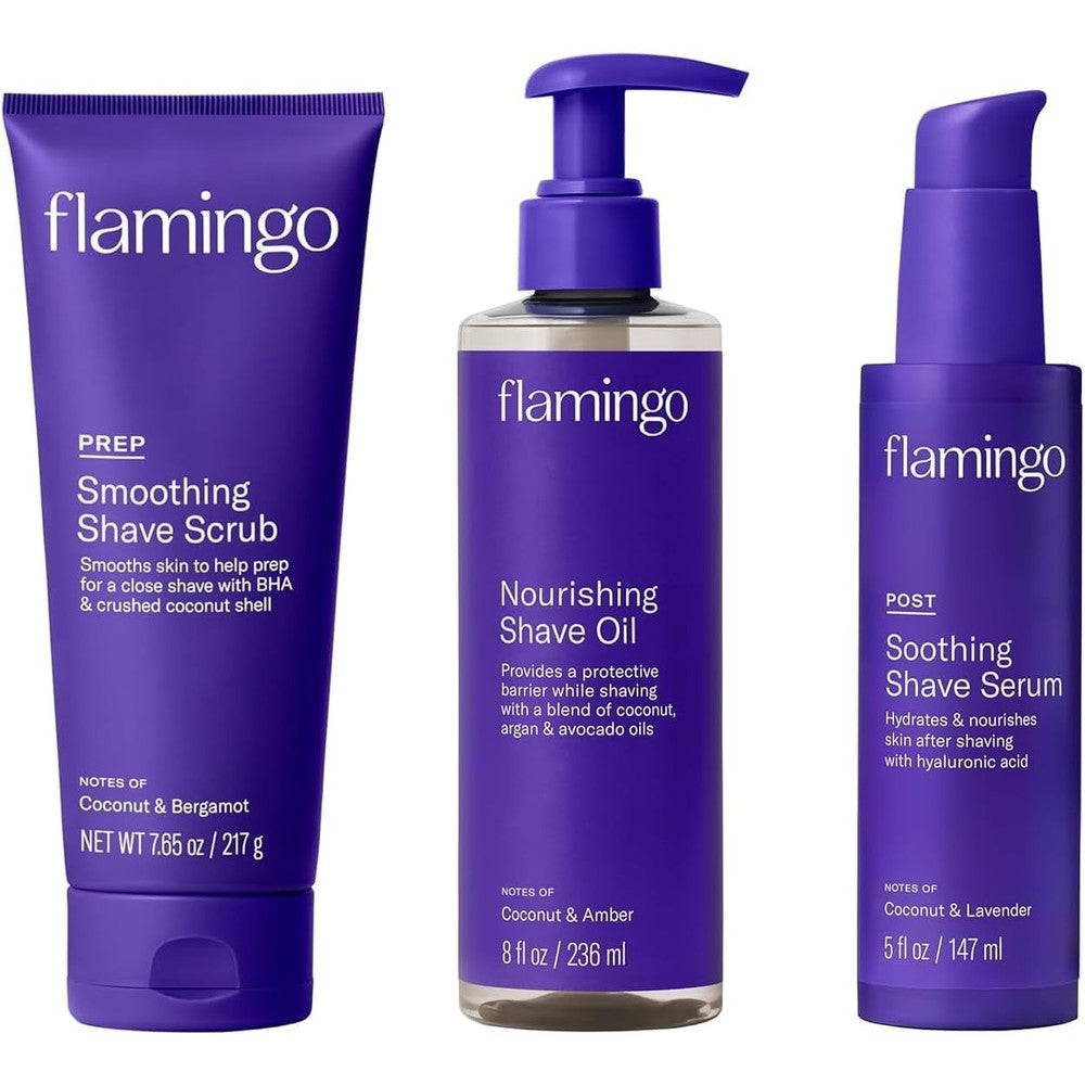 Flamingo 3-Step Shaving Set for Women front view showcasing the full Glow Shave Collection packaging.