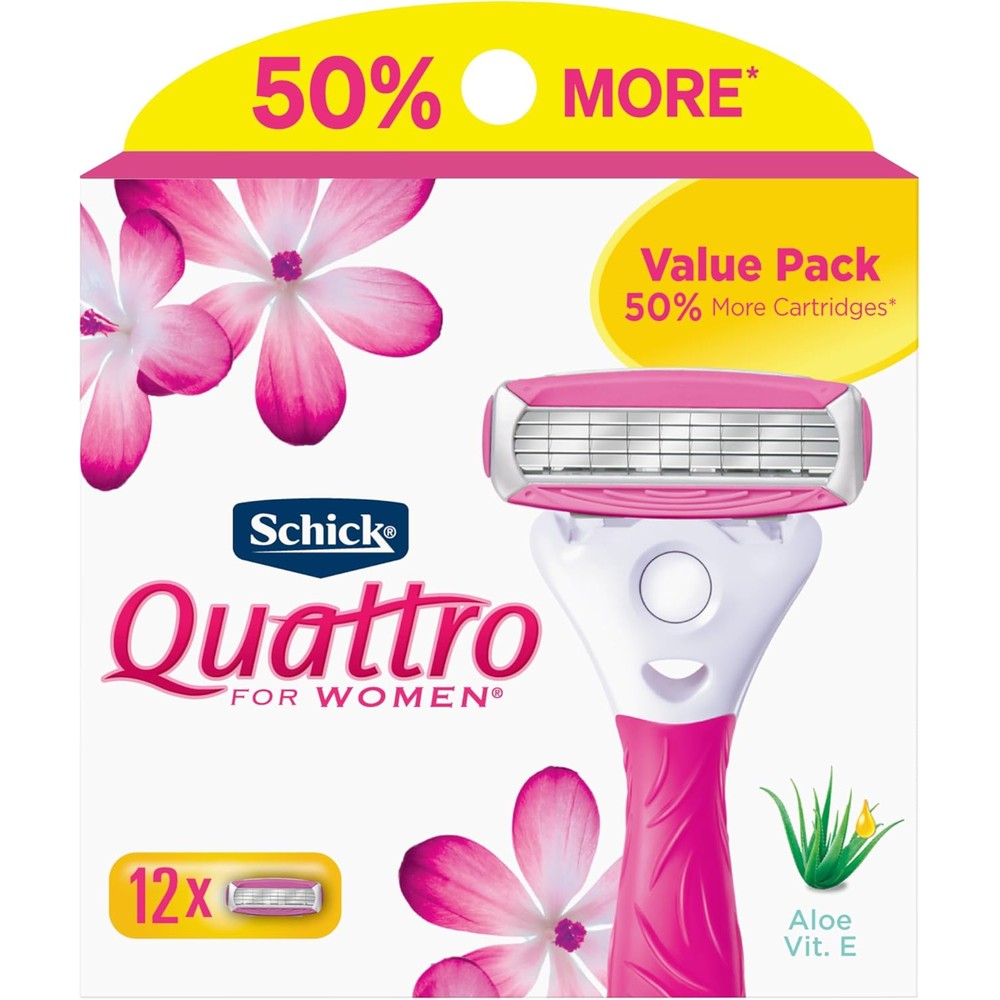 Schick Quattro for Women razor blade refills twelve count package front view showing authentic imported packaging.