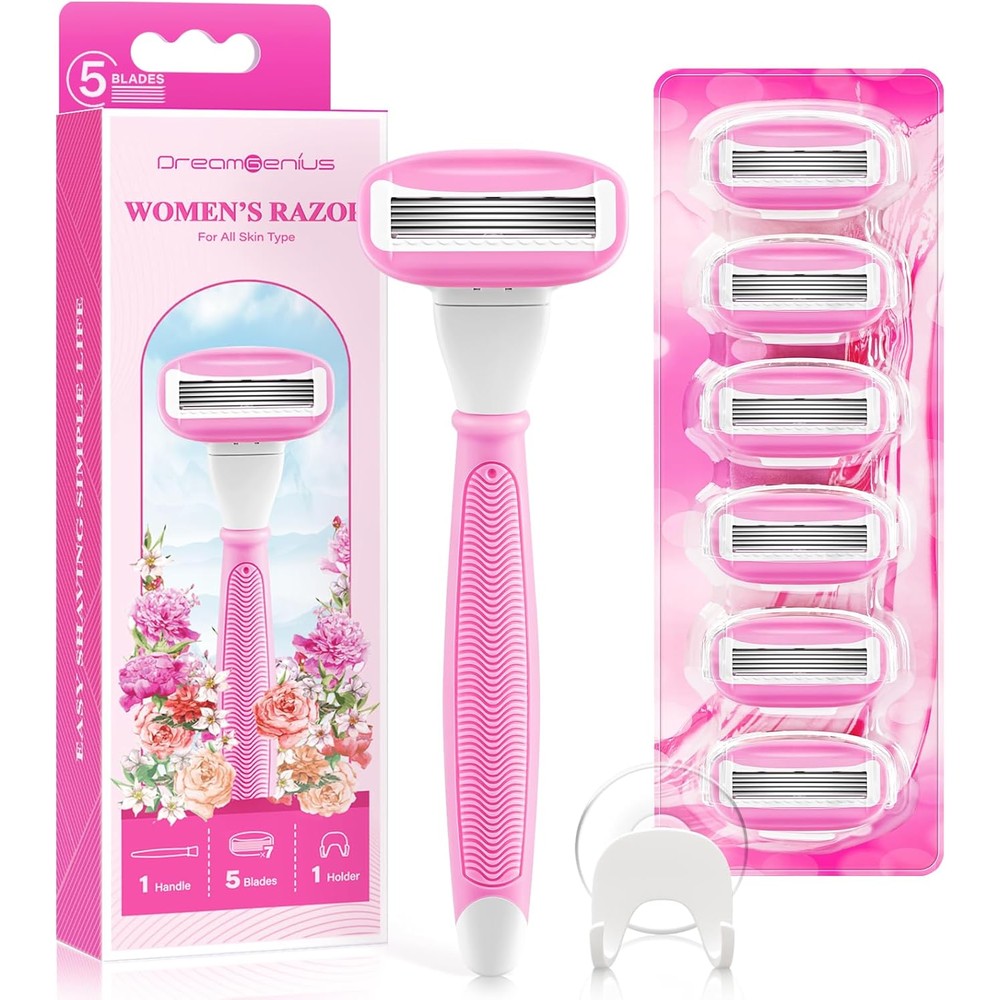 DreamGenius womens 5 blade shaving razor kit front view showing pink handle