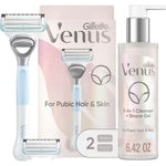 Gillette Venus for Pubic Hair and Skin Shaving Set front view containing razor handle refills and shave gel