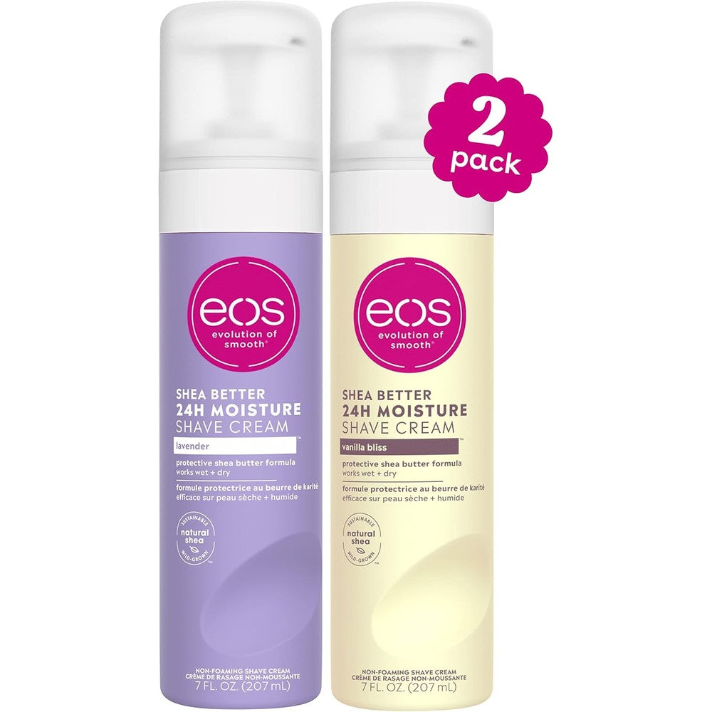Eos Shea Better Shaving Cream For Women Variety Pack front view showing Lavender and Vanilla Bliss bottles