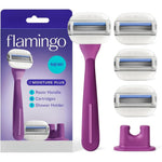 Flamingo Moisture Plus Women's Razor Set front packaging view showing purple fig handle