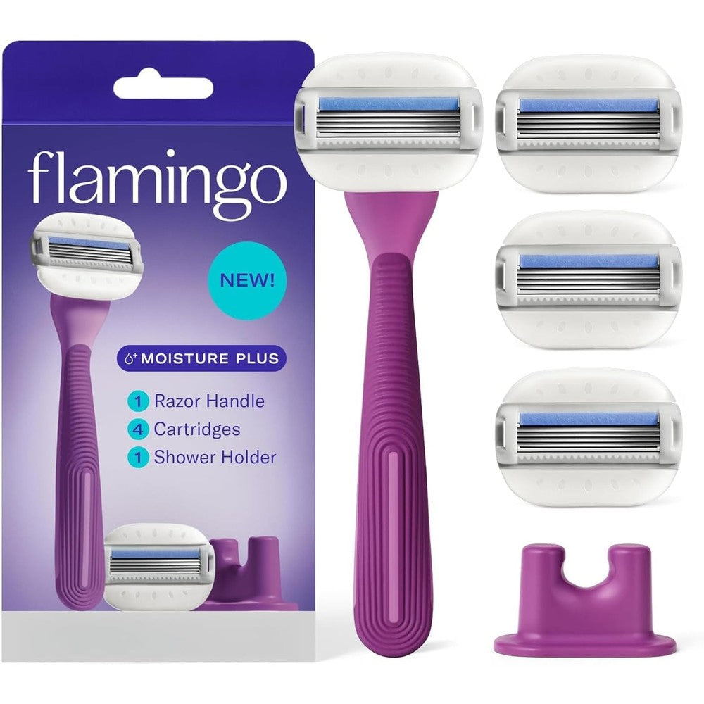 Flamingo Moisture Plus Women's Razor Set front packaging view showing purple fig handle