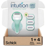 Schick Intuition Sensitive Care women razor kit front packaging view showing handle and refills