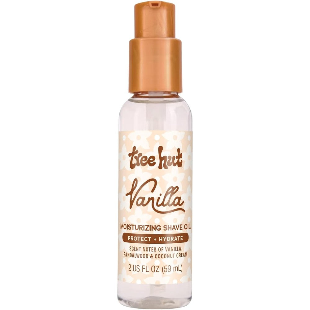 Tree Hut Mini Vanilla Moisturizing Shave Oil front view of travel bottle showcasing global beauty import