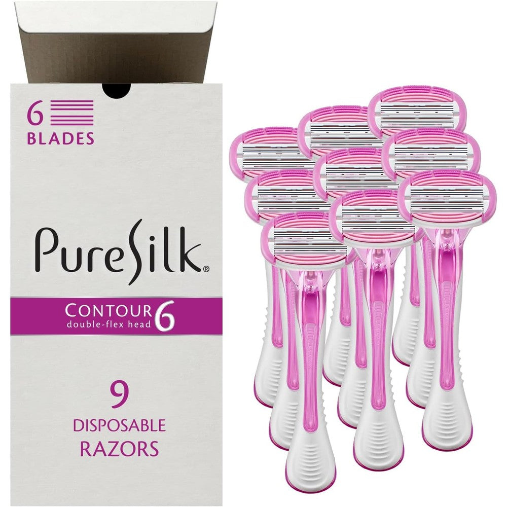 Pure Silk Contour 6 Premium Disposable Razor Value Pack front packaging showing nine razors total
