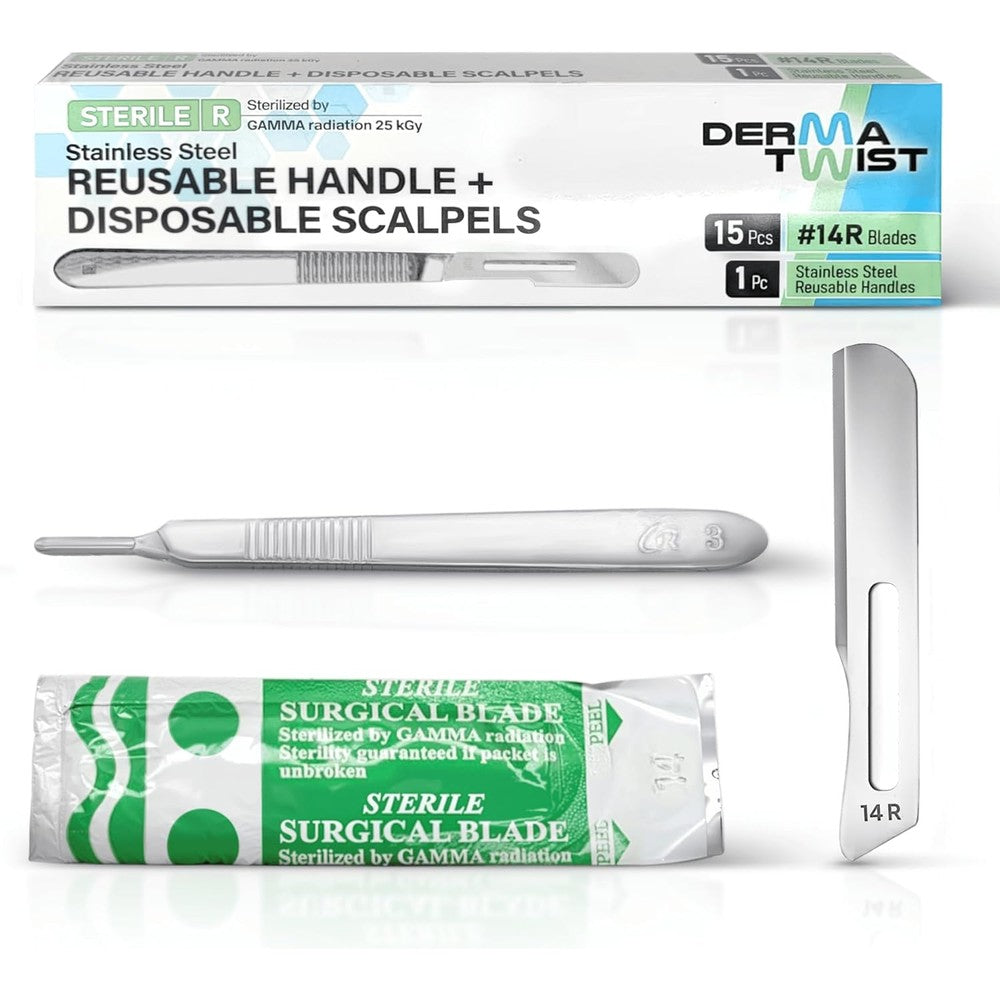 Derma Twist 14R Dermaplane Razor for women face front packaging view featuring the stainless steel handle and sterile blades.