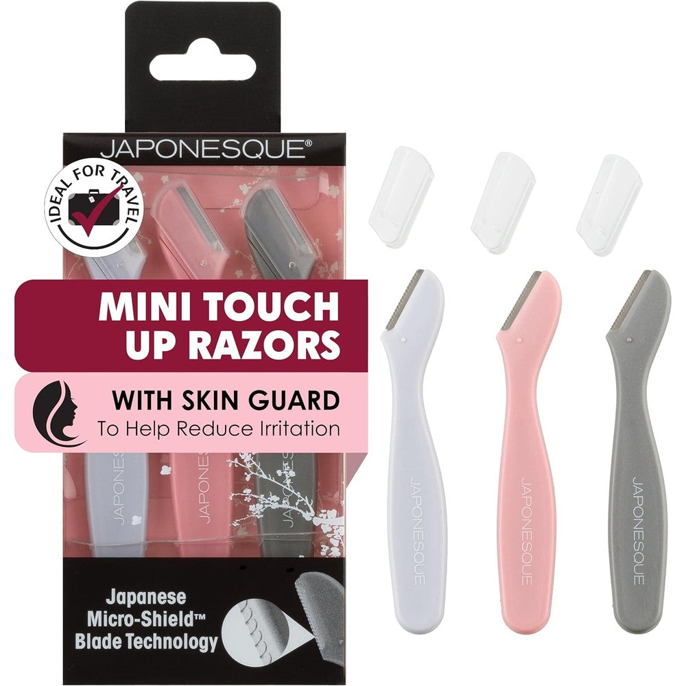 Japonesque mini touch up razors front view showing three piece travel size dermaplaning tools