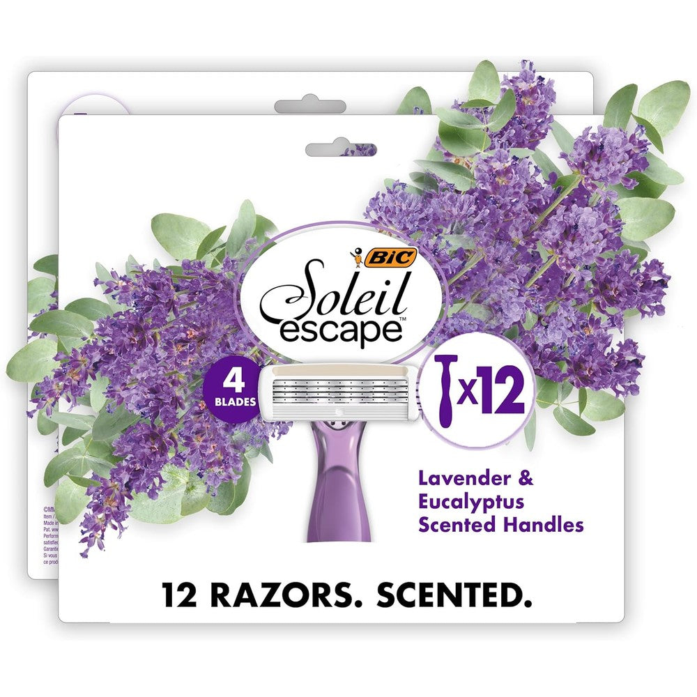 BIC Soleil Escape 4-Blade women's disposable razor package front view displaying lavender and eucalyptus scent graphics.