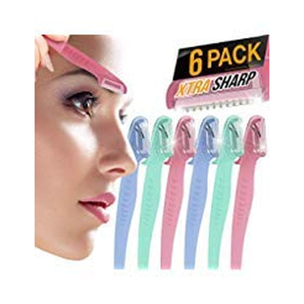 Nylea 6 pack eyebrow razor front view showing multicolored handles and safety covers