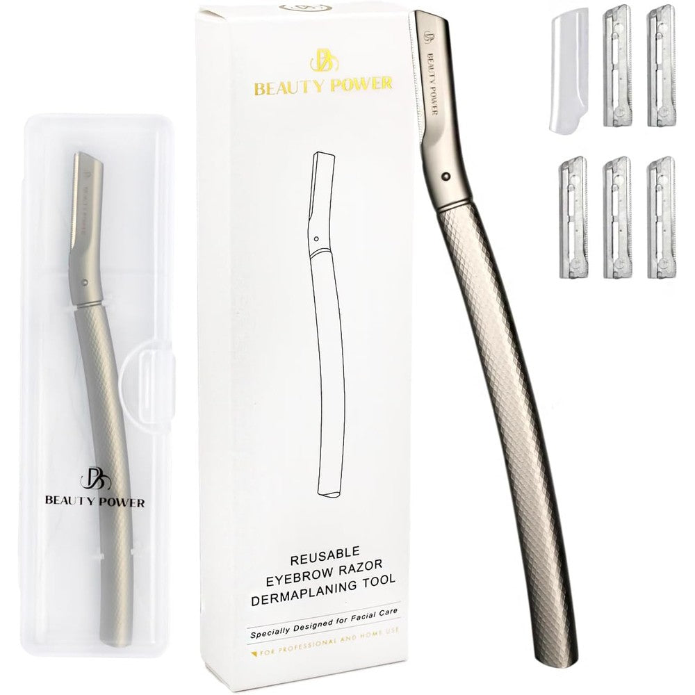Beauty Power eyebrow razor metal handle and replacement blades front view