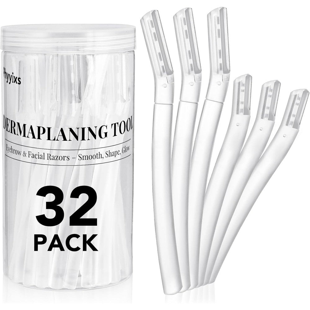Phyyixs 32-Pack Face Razors for Women front view showcasing the clear and white dermaplaning tools.