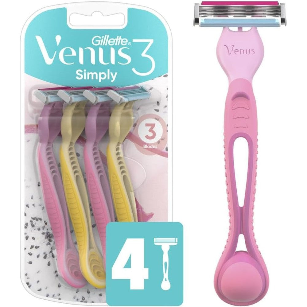 Gillette Venus Simply 3 Dragonfruit women's disposable razor four count pack front view showing three blade technology.