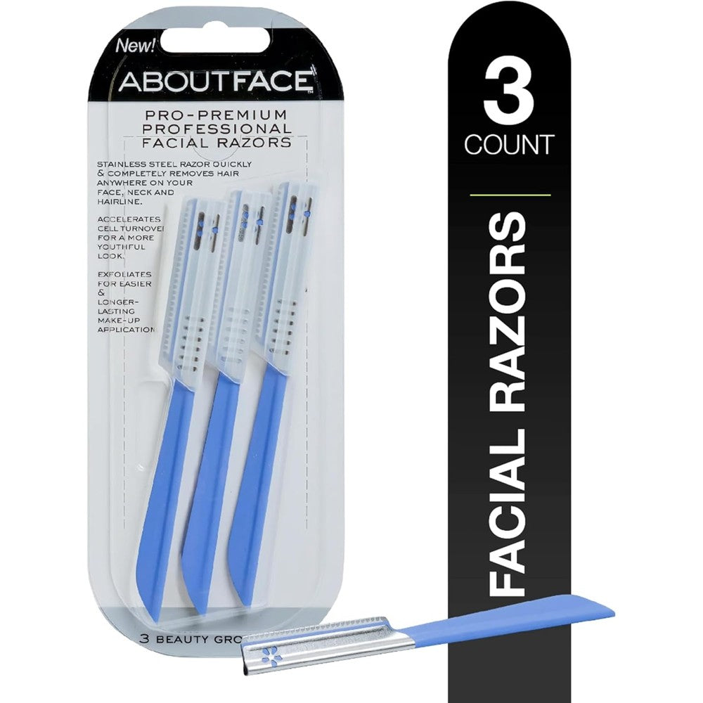 About Face Pro-Premium Facial Razors front view packaging showing three beauty groomers