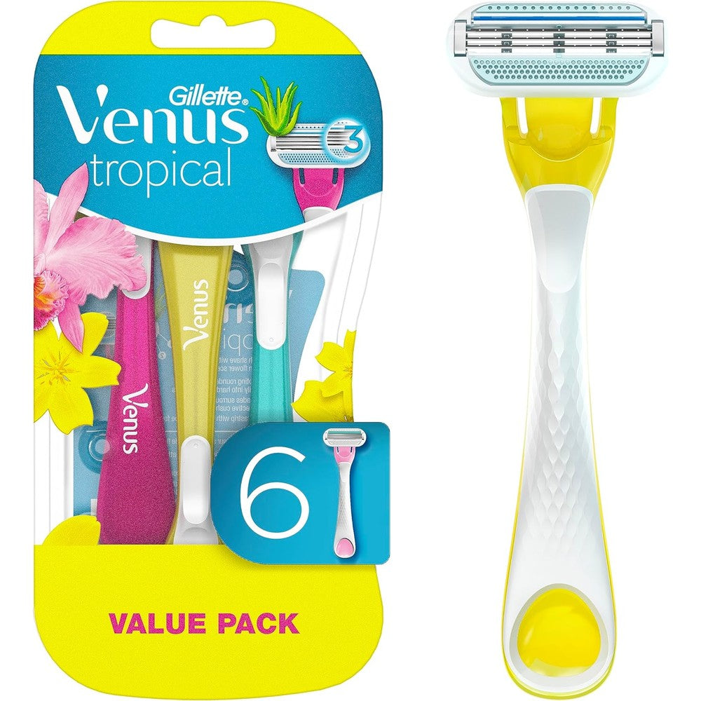 Gillette Venus Tropical Disposable Razors 6 count pack front view displaying multicolored handles.