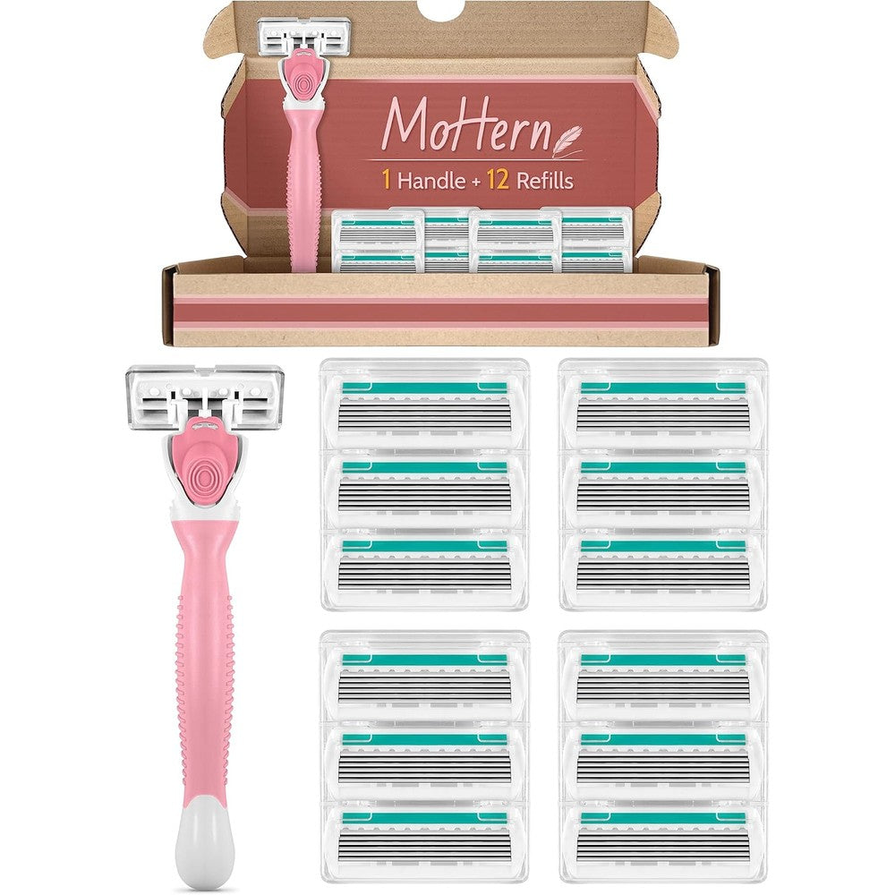 MoHern sensitive skin women razor front view showing pink handle and six blade setup