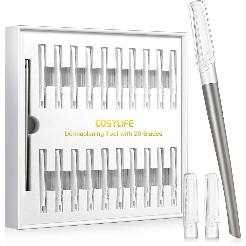 Cosylife dermaplaning tool front view showcasing the premium metal handle and attached stainless steel exfoliation blade.