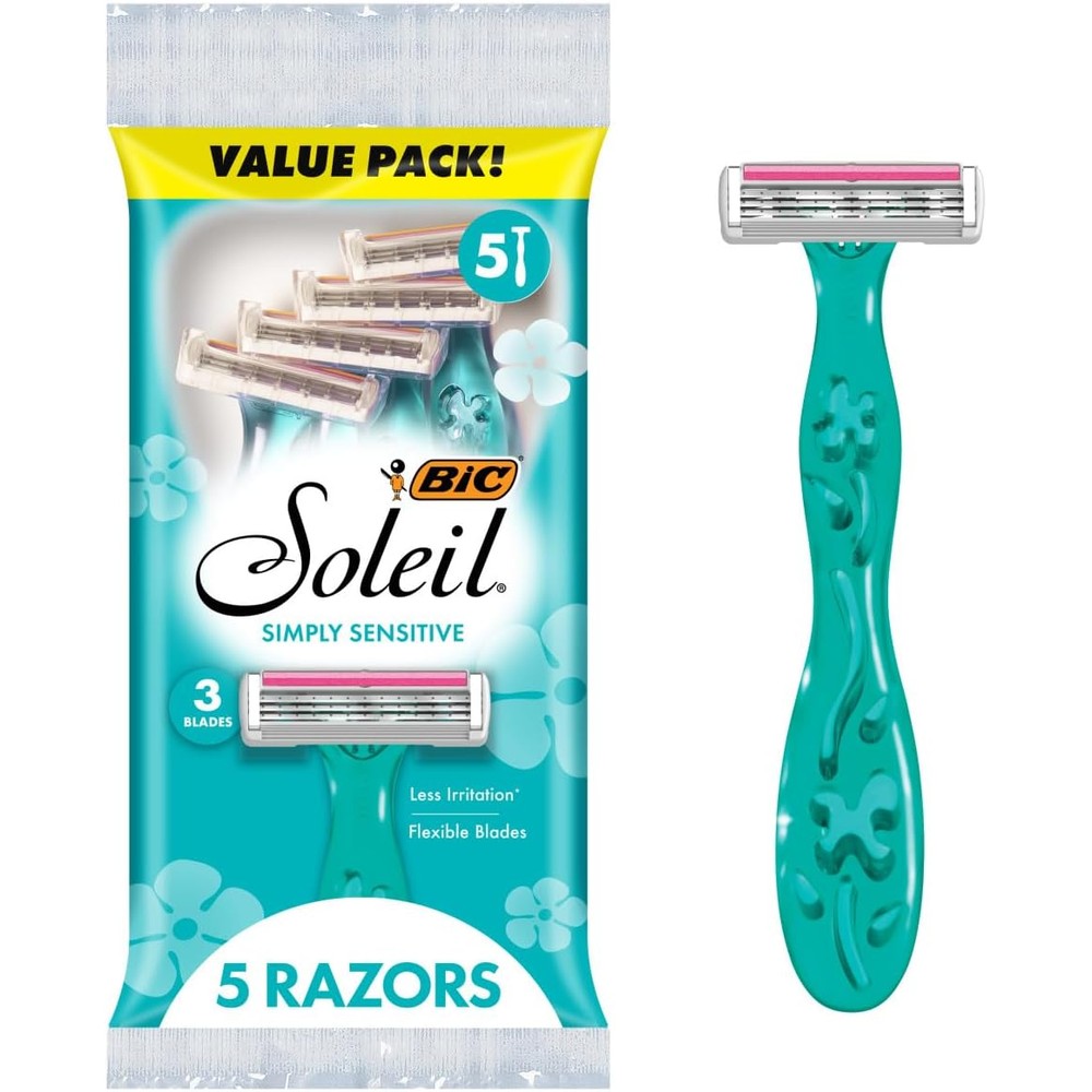 BIC Soleil 3 Simply Women's Disposable Razors front view packaging showing five teal and purple floral handled shaving razors.