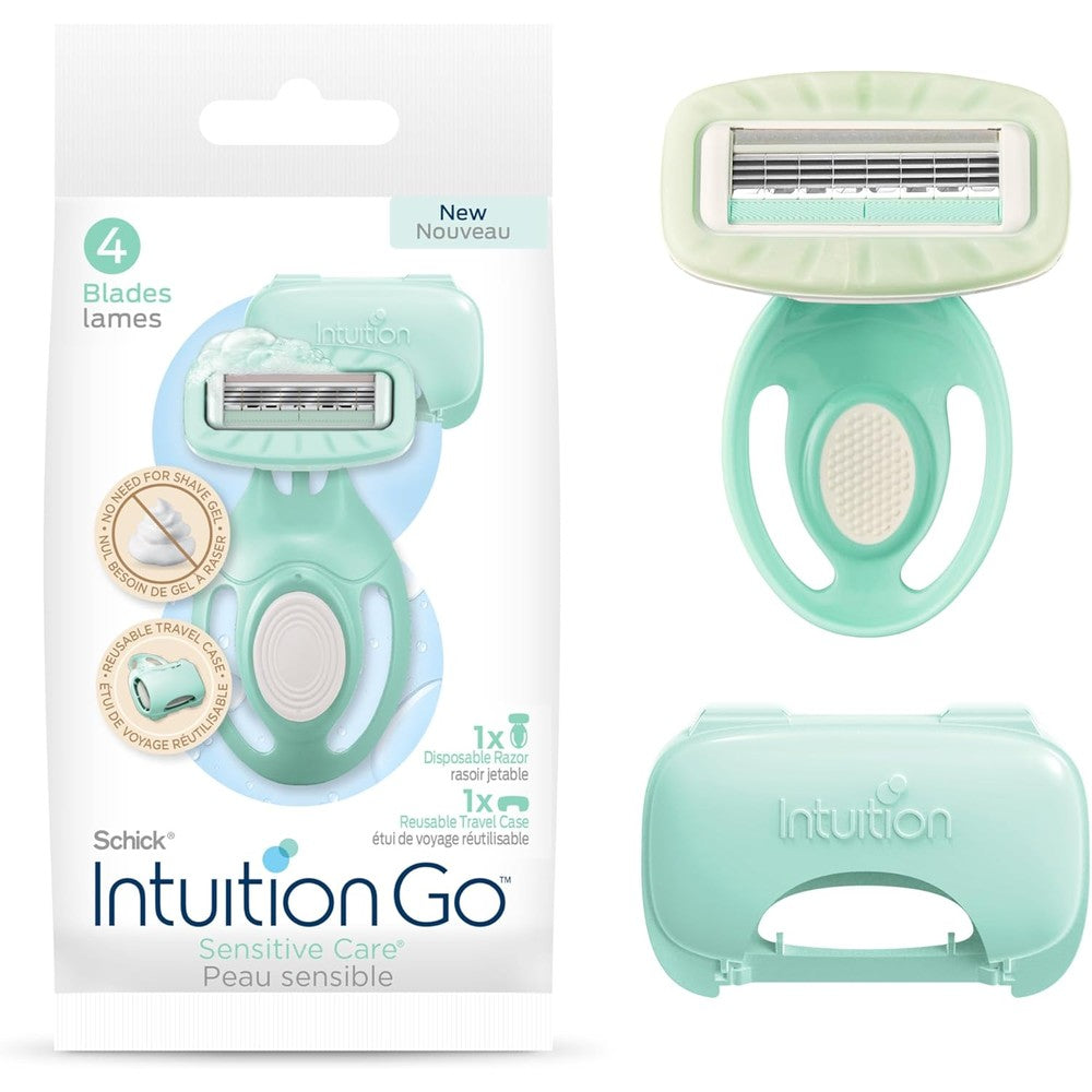 Schick Intuition Go Disposable Travel Razor front view showcasing the built-in organic aloe vera moisturizing bar