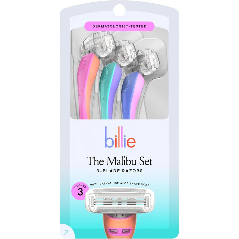 Billie malibu set disposable razors with three blades and blue rubber handles