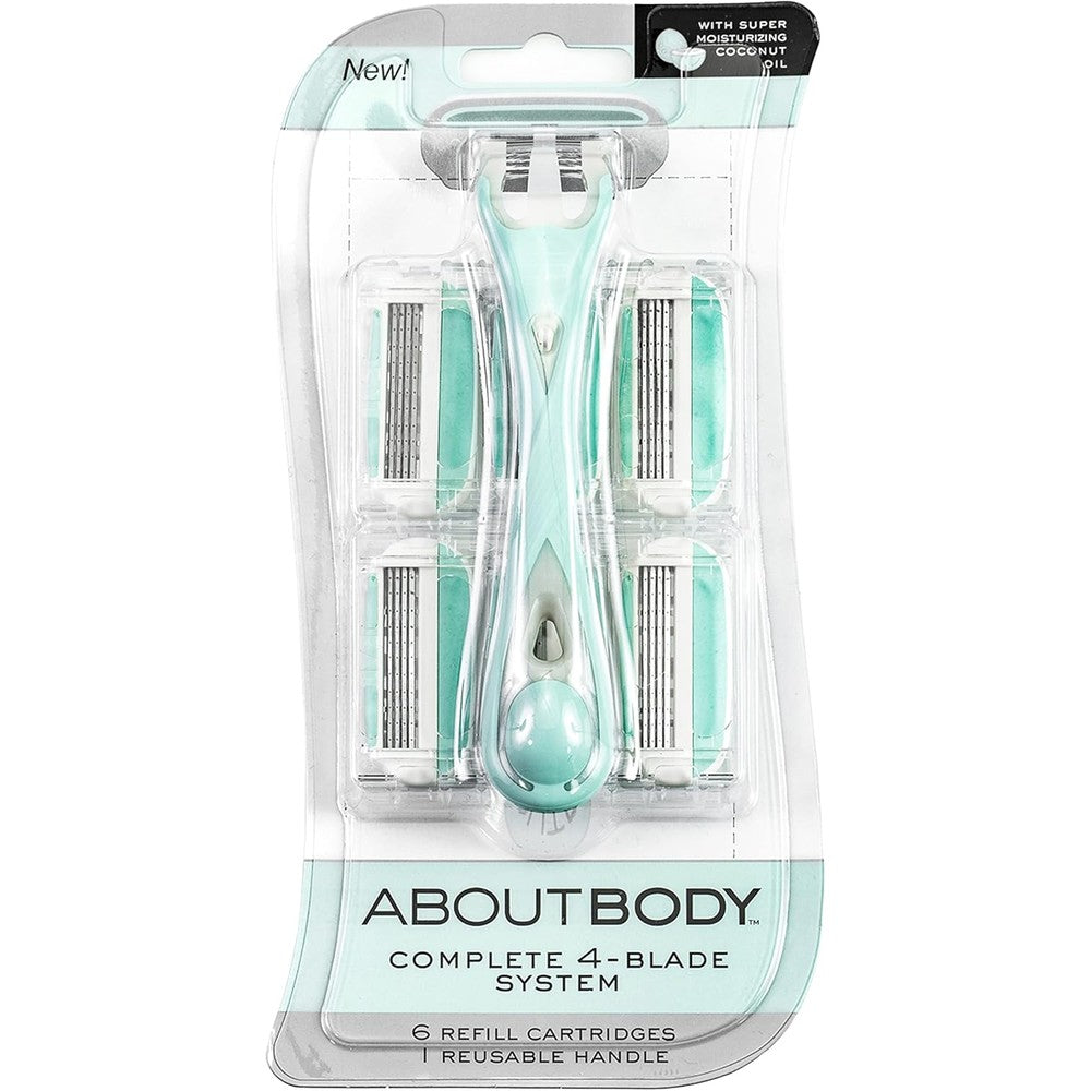 About Face Beauty Complete 4 Blade System Reusable Razor front packaging view showing the green handle and premium cartridges.