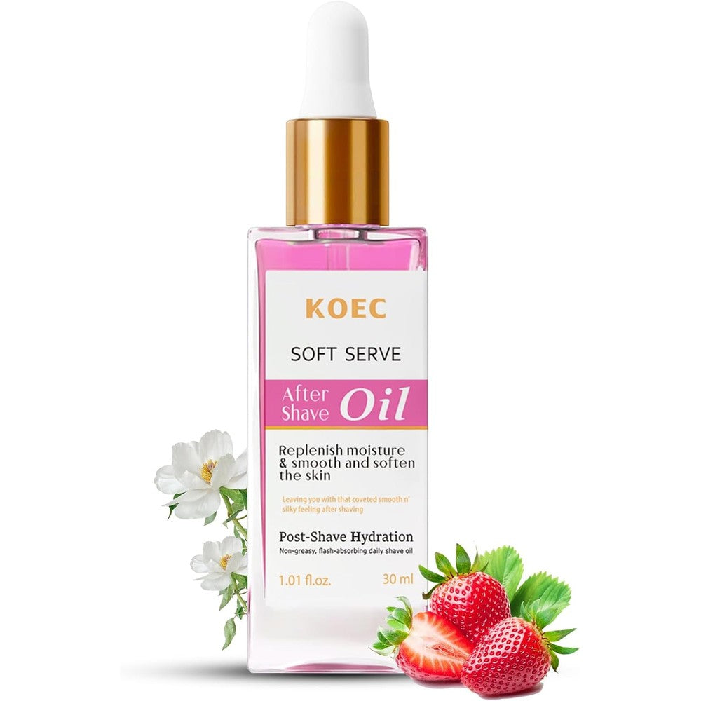 KOEC Soft Serve After Shave Oil front view showing the 1.01 fluid ounce bottle packaging.
