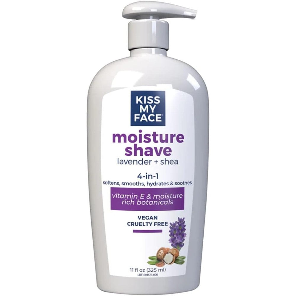 Kiss My Face Moisture Shave Lavender and Shea front view of eleven ounce pump bottle