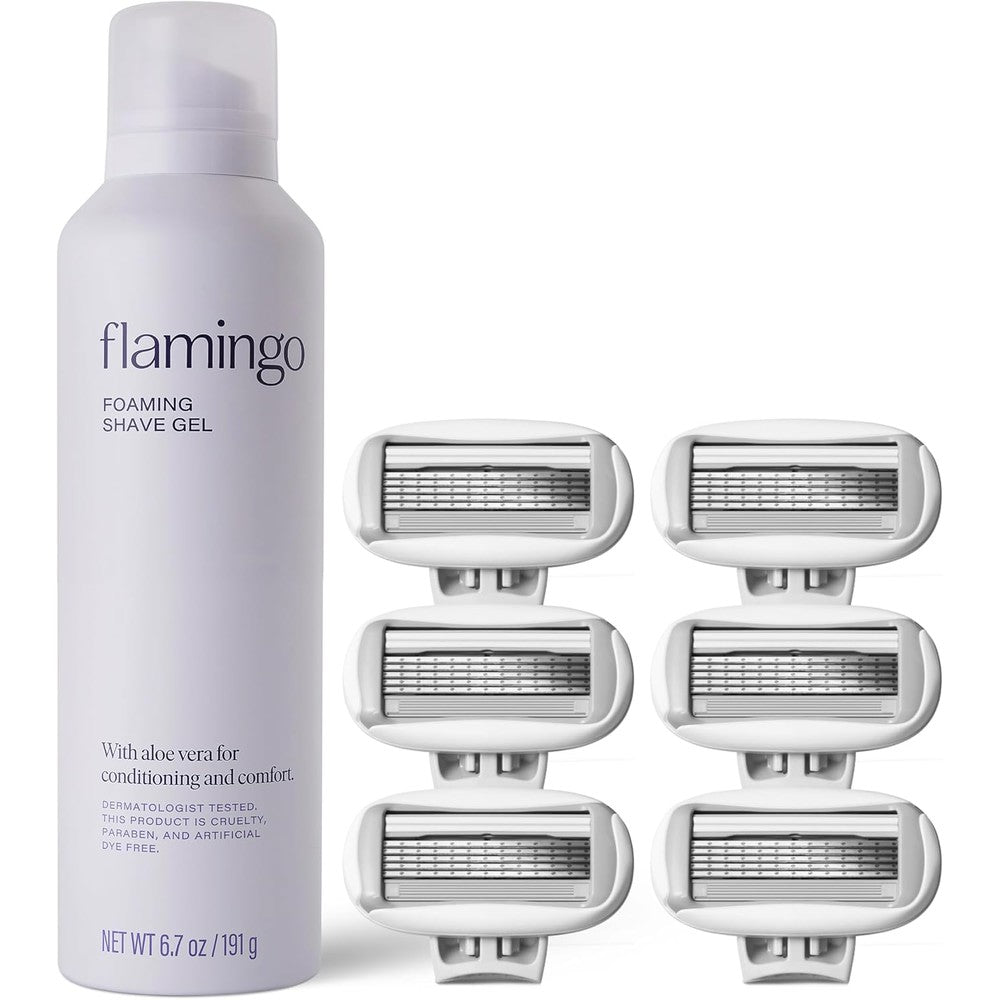 Flamingo women's foaming shaving gel and razor blade refill kit front view
