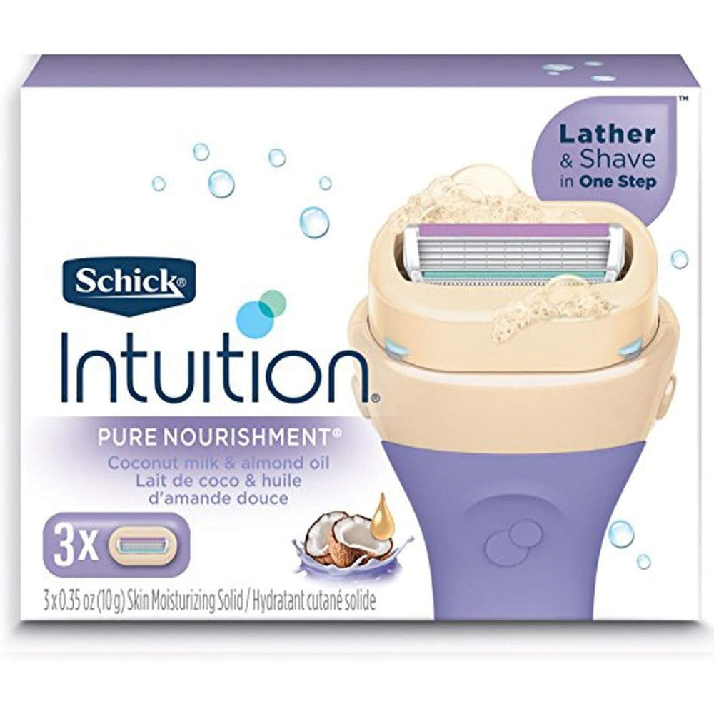 Schick Intuition Pure Nourishment Coconut Razor Refill 3 Cartridges package front view featuring moisturizing blades for women