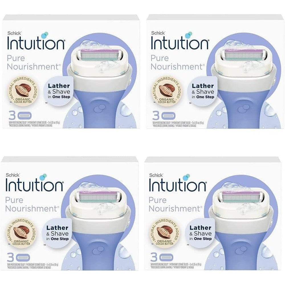 Schick Intuition Pure Nourishment womens razor refills twelve count pack front view showing the built-in moisturizing bar cartridges.